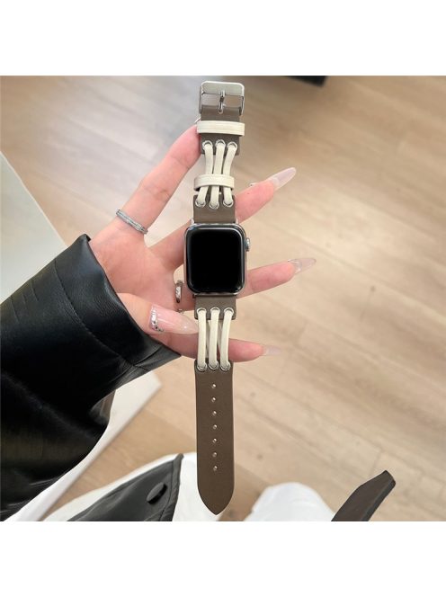 For Apple Watch 10 46mm / Ultra 2 / Ultra 49mm / 9 8 7 45mm / SE (2023) SE (2022) SE 6 5 4 44mm / 3 2 1 42mm Genuine Cow Leather Strap Bracelet - White / Coffee