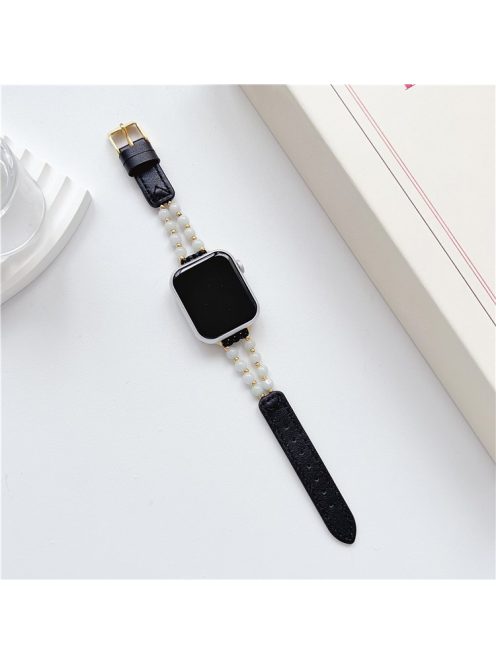 For Apple Watch 10 46mm / Ultra 2 / Ultra 49mm / 9 8 7 45mm / SE (2023) SE (2022) SE 6 5 4 44mm / 3 2 1 42mm Jade Bead Leather Watchband - Black