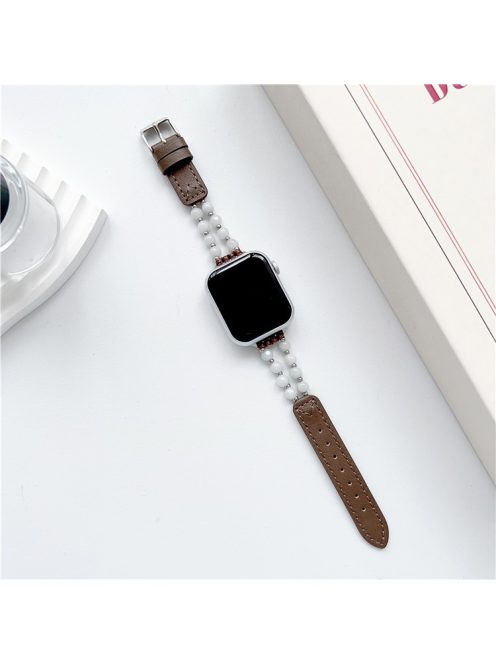 For Apple Watch 10 46mm / Ultra 2 / Ultra 49mm / 9 8 7 45mm / SE (2023) SE (2022) SE 6 5 4 44mm / 3 2 1 42mm Jade Bead Leather Watchband - Brown