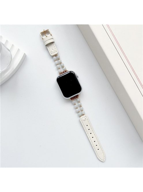 For Apple Watch 10 46mm / Ultra 2 / Ultra 49mm / 9 8 7 45mm / SE (2023) SE (2022) SE 6 5 4 44mm / 3 2 1 42mm Jade Bead Leather Watchband - White