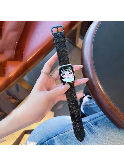 For Apple Watch 10 46mm / Ultra 2 / Ultra 49mm / 9 8 7 45mm / SE (2023) SE (2022) SE 6 5 4 44mm / 3 2 1 42mm Leather Strap Crocodile Texture - Black