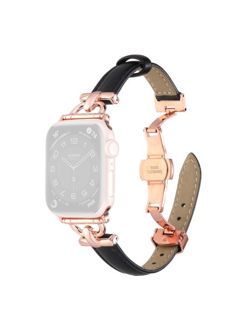 For Apple Watch 10 46mm / Ultra 2 / Ultra 49mm / 9 8 7 45mm / SE (2023) SE (2022) SE 6 5 4 44mm / 3 2 1 42mm Leather Watch Band - Black / Rose Gold Buckle