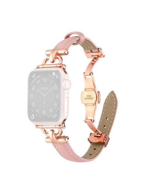 For Apple Watch 10 46mm / Ultra 2 / Ultra 49mm / 9 8 7 45mm / SE (2023) SE (2022) SE 6 5 4 44mm / 3 2 1 42mm Leather Watch Band - Light Pink / Rose Gold Buckle