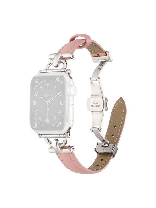 For Apple Watch 10 46mm / Ultra 2 / Ultra 49mm / 9 8 7 45mm / SE (2023) SE (2022) SE 6 5 4 44mm / 3 2 1 42mm Leather Watch Band - Light Pink / Silver Buckle