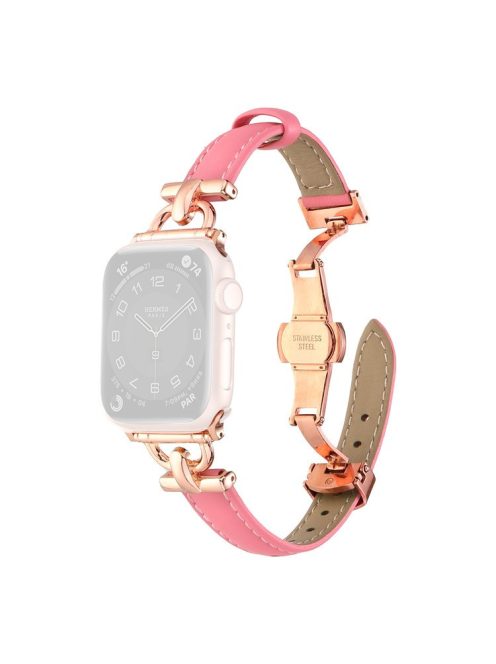 For Apple Watch 10 46mm / Ultra 2 / Ultra 49mm / 9 8 7 45mm / SE (2023) SE (2022) SE 6 5 4 44mm / 3 2 1 42mm Leather Watch Band - Peach / Rose Gold Buckle