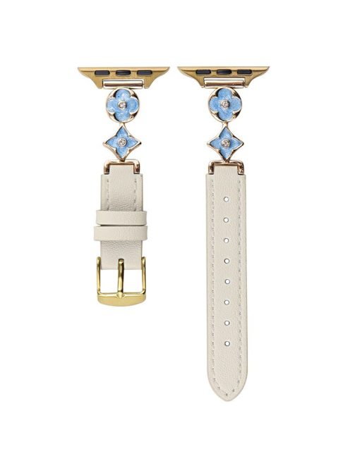 For Apple Watch 10 46mm / Ultra 2 / Ultra 49mm / 9 8 7 45mm / SE (2023) SE (2022) SE 6 5 4 44mm / 3 2 1 42mm Leather Watch Band - White  /  Blue Gold