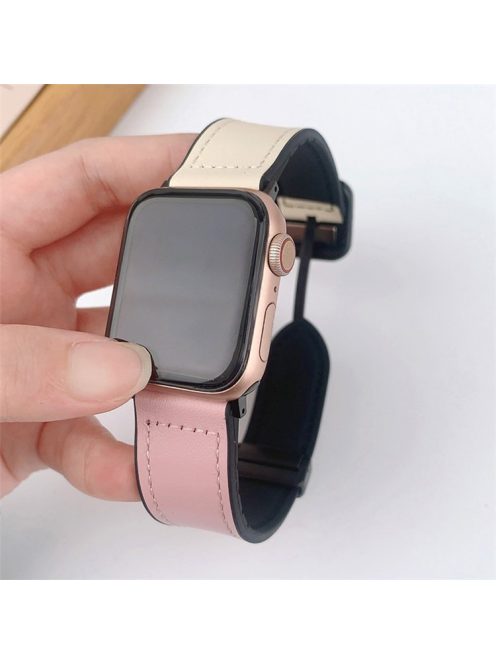 For Apple Watch 10 46mm / Ultra 2 / Ultra 49mm / 9 8 7 45mm / SE (2023) SE (2022) SE 6 5 4 44mm / 3 2 1 42mm PU Leather Coated Silicone Band - Beige+Pink