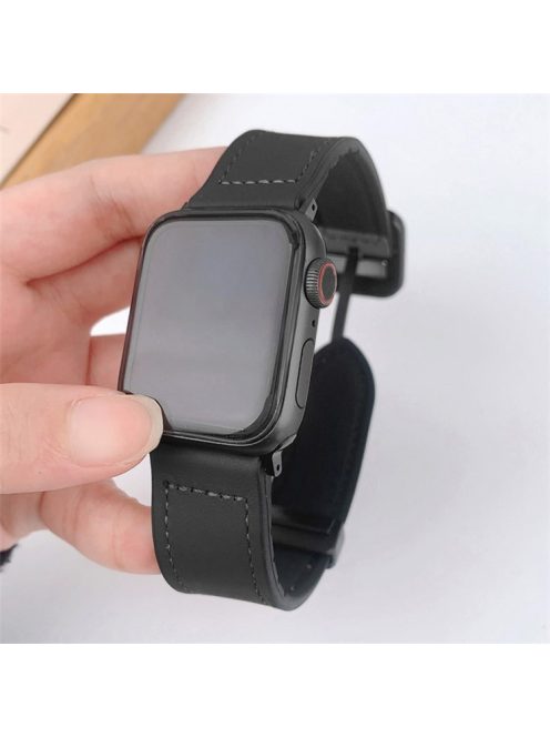 For Apple Watch 10 46mm / Ultra 2 / Ultra 49mm / 9 8 7 45mm / SE (2023) SE (2022) SE 6 5 4 44mm / 3 2 1 42mm PU Leather Coated Silicone Band - Black