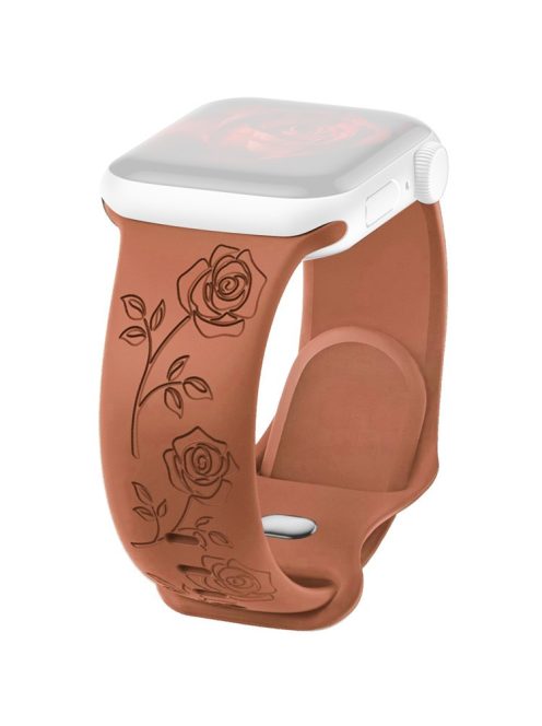 For Apple Watch 10 46mm / Ultra 2 / Ultra 49mm / 9 8 7 45mm / SE (2023) SE (2022) SE 6 5 4 44mm / 3 2 1 42mm Rose Engraved Silicone Strap - Brown