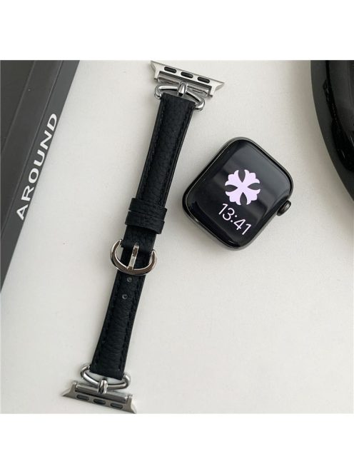 For Apple Watch 10 46mm / Ultra 2 / Ultra 49mm / 9 8 7 45mm / SE (2023) SE (2022) SE 6 5 4 44mm / 3 2 1 42mm Slim Genuine Cow Leather Watch Band - Black / Silver Buckle