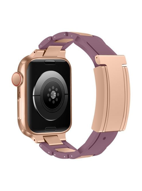 For Apple Watch 10 46mm / Ultra 2 / Ultra 49mm / 9 8 7 45mm / SE (2023) SE (2022) SE 6 5 4 44mm / 3 2 1 42mm Stainless Steel+Rubber Strap - Purple / Rose Gold Buckle