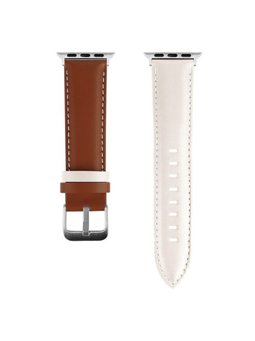 For Apple Watch 10 46mm / Ultra 2 / Ultra 49mm / 9 8 7 45mm / SE (2023) SE (2022) SE 6 5 4 44mm / 3 2 1 42mm Strap AW Cow Leather Watchband - White  /  Coffee