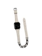 For Apple Watch 10 46mm / Ultra 2 / Ultra 49mm / 9 8 7 45mm / SE (2023) SE (2022) SE 6 5 4 44mm / 3 2 1 42mm Watch Band Leather Strap - Beige+Silver Chain