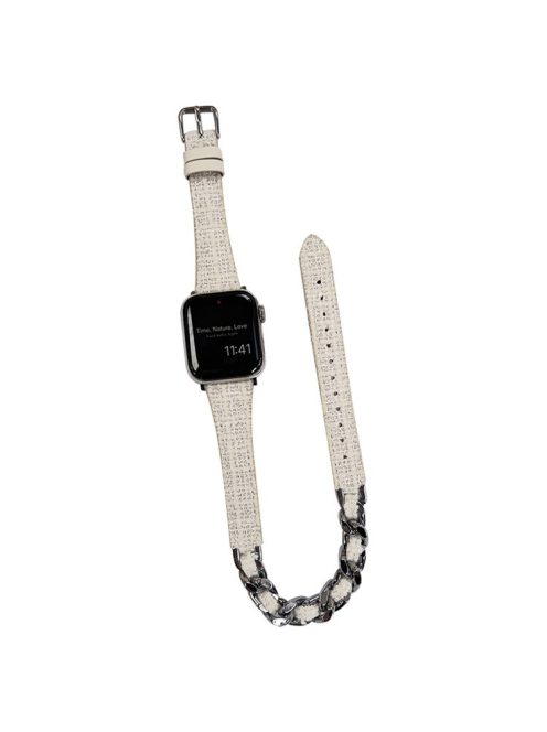 For Apple Watch 10 46mm / Ultra 2 / Ultra 49mm / 9 8 7 45mm / SE (2023) SE (2022) SE 6 5 4 44mm / 3 2 1 42mm Watch Band Leather Strap - Beige+Silver Chain