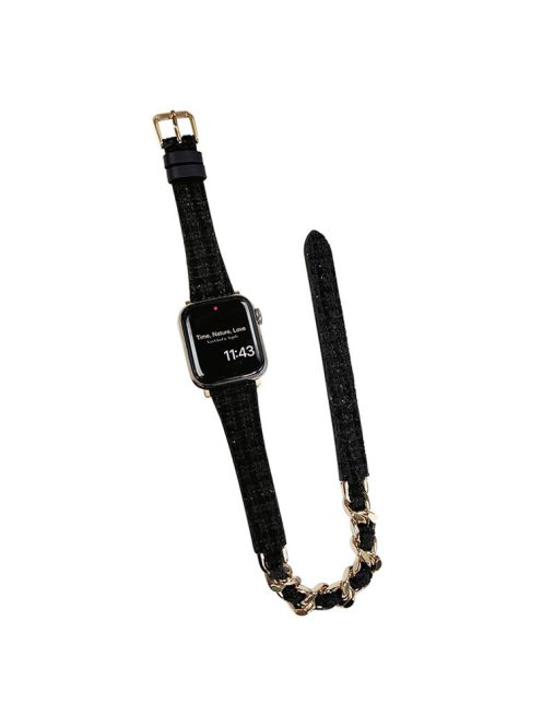 For Apple Watch 10 46mm / Ultra 2 / Ultra 49mm / 9 8 7 45mm / SE (2023) SE (2022) SE 6 5 4 44mm / 3 2 1 42mm Watch Band Leather Strap - Black+Gold Chain