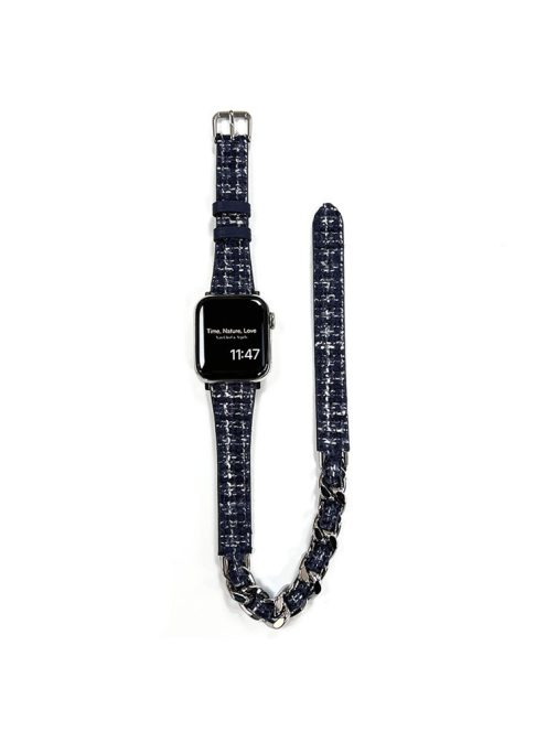 For Apple Watch 10 46mm / Ultra 2 / Ultra 49mm / 9 8 7 45mm / SE (2023) SE (2022) SE 6 5 4 44mm / 3 2 1 42mm Watch Band Leather Strap - Dark Blue+Silver Chain