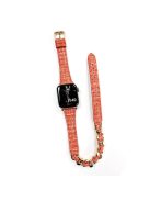 For Apple Watch 10 46mm / Ultra 2 / Ultra 49mm / 9 8 7 45mm / SE (2023) SE (2022) SE 6 5 4 44mm / 3 2 1 42mm Watch Band Leather Strap - Orange+Gold Chain