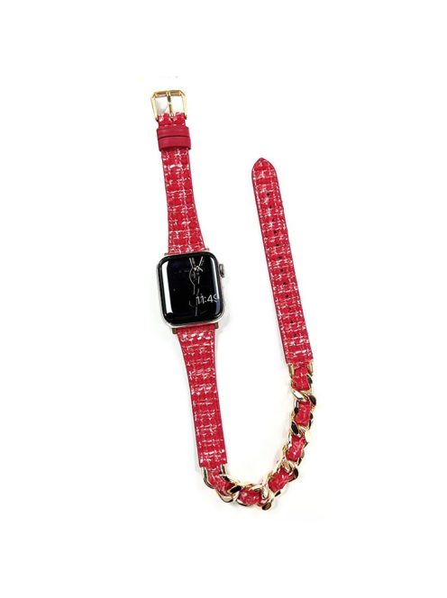 For Apple Watch 10 46mm / Ultra 2 / Ultra 49mm / 9 8 7 45mm / SE (2023) SE (2022) SE 6 5 4 44mm / 3 2 1 42mm Watch Band Leather Strap - Red+Gold Chain