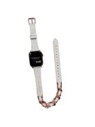 For Apple Watch 10 46mm / Ultra 2 / Ultra 49mm / 9 8 7 45mm / SE (2023) SE (2022) SE 6 5 4 44mm / 3 2 1 42mm Watch Band Leather Strap - White+Rose Gold Chain