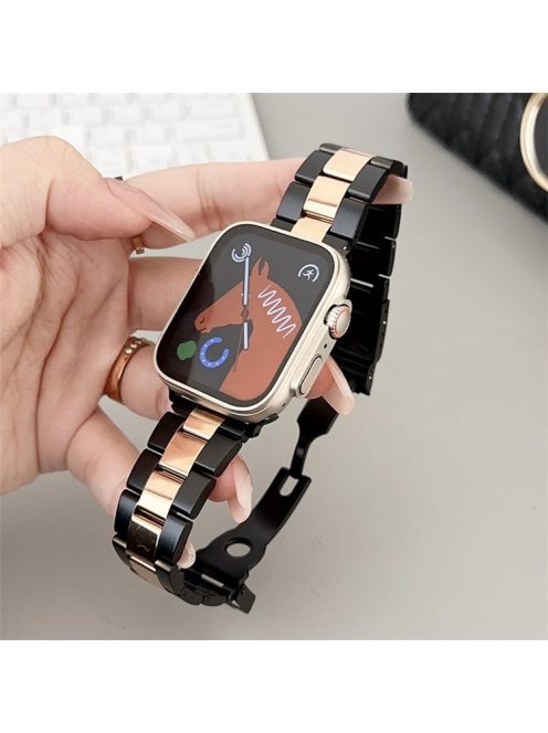 For Apple Watch 10 46mm / Ultra 2 / Ultra 49mm / 9 8 7 45mm / SE (2023) SE (2022) SE 6 5 4 44mm / 3 2 1 42mm Watch Strap 3-Bead - Black+Rose Gold