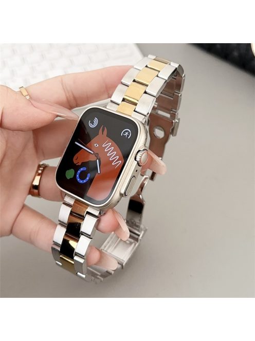 For Apple Watch 10 46mm / Ultra 2 / Ultra 49mm / 9 8 7 45mm / SE (2023) SE (2022) SE 6 5 4 44mm / 3 2 1 42mm Watch Strap 3-Bead - Silver+Gold