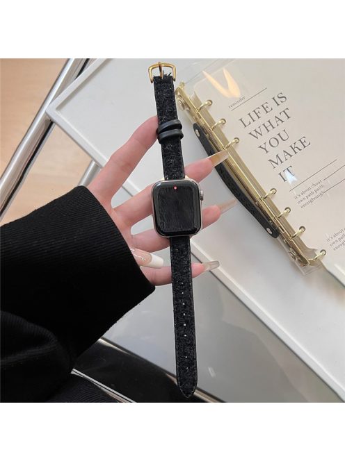 For Apple Watch 10 46mm / Ultra 2 / Ultra 49mm / 9 8 7 45mm / SE (2023) SE (2022) SE 6 5 4 44mm / 3 2 1 42mm Watch Strap Woolen+Leather - Black+Gold Buckle