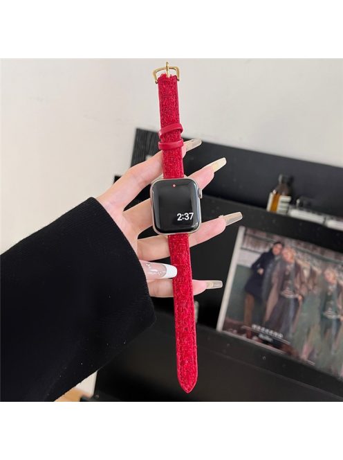 For Apple Watch 10 46mm / Ultra 2 / Ultra 49mm / 9 8 7 45mm / SE (2023) SE (2022) SE 6 5 4 44mm / 3 2 1 42mm Watch Strap Woolen+Leather - Red+Gold Buckle