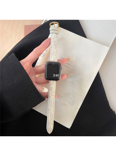 For Apple Watch 10 46mm / Ultra 2 / Ultra 49mm / 9 8 7 45mm / SE (2023) SE (2022) SE 6 5 4 44mm / 3 2 1 42mm Watch Strap Woolen+Leather - White+Gold Buckle