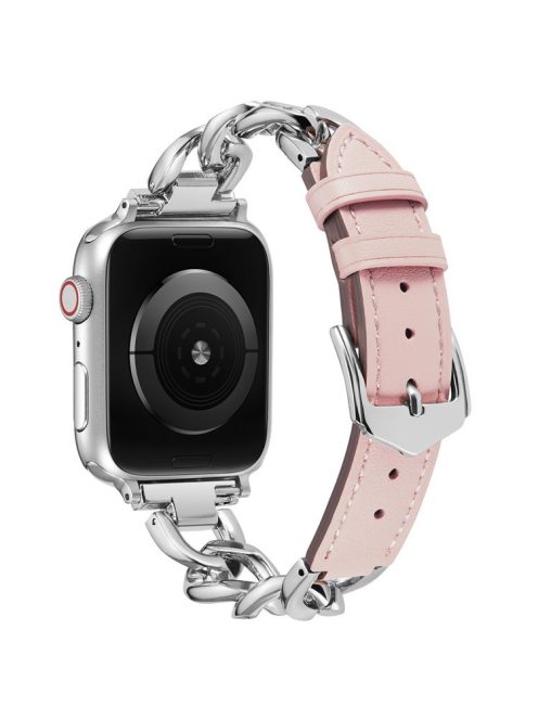 For Apple Watch 10 46mm / Ultra 2 / Ultra 49mm / 9 8 7 45mm / SE (2023) SE (2022) SE 6 5 4 44mm / 3 2 1 42mm Zinc Alloy+Cowhide Watch Strap - Pink+Silver