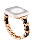 For Apple Watch 10 46mm / Ultra 2 / Ultra 49mm / 9 8 7 45mm / SE (2023) SE (2022) SE 6 5 4 44mm / 3 2 1 42mm Zinc Alloy+Leather Watch Strap - Rose Gold+Black