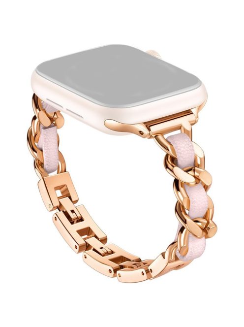 For Apple Watch 10 46mm / Ultra 2 / Ultra 49mm / 9 8 7 45mm / SE (2023) SE (2022) SE 6 5 4 44mm / 3 2 1 42mm Zinc Alloy+Leather Watch Strap - Rose Gold+Pink