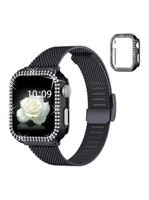 For Apple Watch 4 / 5 / 6 / SE / SE(2022) 40mm Quick Release Watch Strap Metal Milanese Watch Band Replacement Watchband + PC Watch Case with Dual Row Rhinestone Decoration - Black