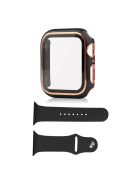 For Apple Watch SE (2022) 40mm / SE 40mm / 6 / 5 / 4 40mm Silicone Watch Band + Electroplating PC Watch Case with Tempered Glass Screen Protector Anti-Scratch Case Cover - Black  /  Gold