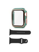 For Apple Watch SE (2022) 40mm / SE 40mm / 6 / 5 / 4 40mm Silicone Watch Band + Electroplating PC Watch Case with Tempered Glass Screen Protector Anti-Scratch Case Cover - Blackish Green / Gold