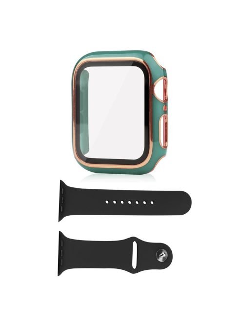 For Apple Watch SE (2022) 40mm / SE 40mm / 6 / 5 / 4 40mm Silicone Watch Band + Electroplating PC Watch Case with Tempered Glass Screen Protector Anti-Scratch Case Cover - Blackish Green / Gold