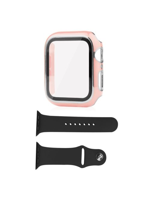 For Apple Watch SE (2022) 40mm / SE 40mm / 6 / 5 / 4 40mm Silicone Watch Band + Electroplating PC Watch Case with Tempered Glass Screen Protector Anti-Scratch Case Cover - Pink  /  Silver