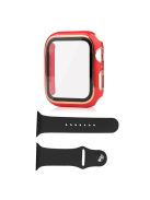 For Apple Watch SE (2022) 40mm / SE 40mm / 6 / 5 / 4 40mm Silicone Watch Band + Electroplating PC Watch Case with Tempered Glass Screen Protector Anti-Scratch Case Cover - Red  /  Gold