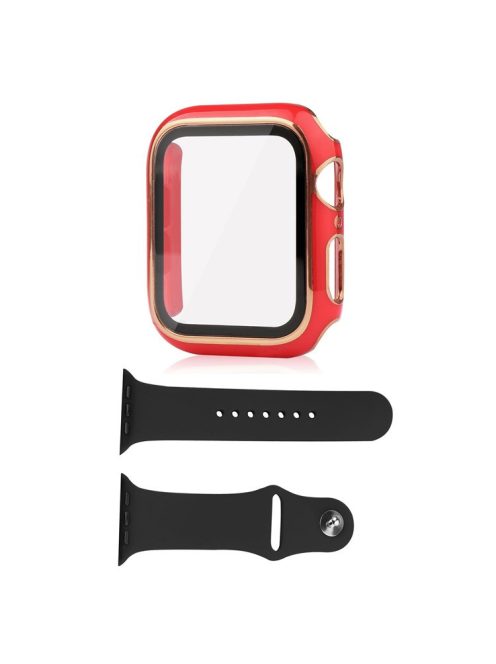 For Apple Watch SE (2022) 40mm / SE 40mm / 6 / 5 / 4 40mm Silicone Watch Band + Electroplating PC Watch Case with Tempered Glass Screen Protector Anti-Scratch Case Cover - Red  /  Gold