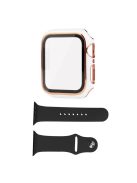 For Apple Watch SE (2022) 40mm / SE 40mm / 6 / 5 / 4 40mm Silicone Watch Band + Electroplating PC Watch Case with Tempered Glass Screen Protector Anti-Scratch Case Cover - White  /  Gold