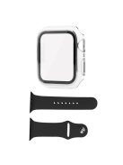 For Apple Watch SE (2022) 40mm / SE 40mm / 6 / 5 / 4 40mm Silicone Watch Band + Electroplating PC Watch Case with Tempered Glass Screen Protector Anti-Scratch Case Cover - White  /  Silver