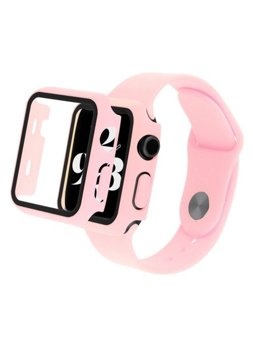 For Apple Watch SE (2022) 40mm / SE 40mm / 6 / 5 / 4 40mm Silicone Watch Strap + PC Watch Case with Tempered Glass Screen Protector Shockproof Protective Cover - Deep Pink