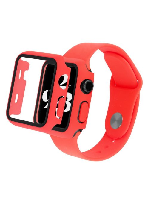 For Apple Watch SE (2022) 40mm / SE 40mm / 6 / 5 / 4 40mm Silicone Watch Strap + PC Watch Case with Tempered Glass Screen Protector Shockproof Protective Cover - Red