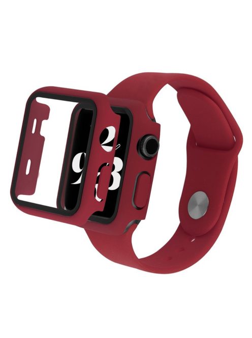 For Apple Watch SE (2022) 40mm / SE 40mm / 6 / 5 / 4 40mm Silicone Watch Strap + PC Watch Case with Tempered Glass Screen Protector Shockproof Protective Cover - Wine Red