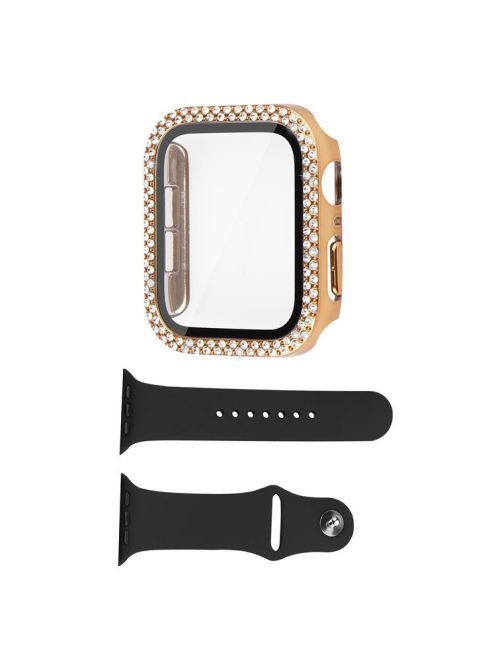 For Apple Watch SE (2022) 40mm / SE 40mm / Series 6 / 5 / 4 40mm Rhinestones Decor Hard PC Watch Case with Tempered Glass Film + Black Silicone Wrist Band - Gold