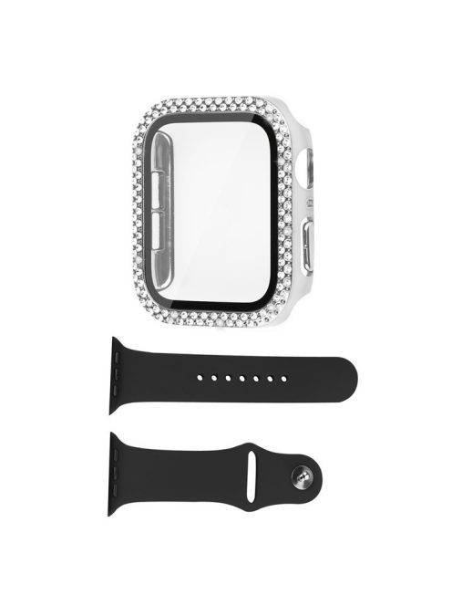 For Apple Watch SE (2022) 40mm / SE 40mm / Series 6 / 5 / 4 40mm Rhinestones Decor Hard PC Watch Case with Tempered Glass Film + Black Silicone Wrist Band - Silver