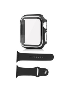   For Apple Watch SE (2022) 44mm / SE 44mm / 6 / 5 / 4 44mm Silicone Watch Band + PC Watch Case with Tempered Glass Screen Protector Electroplating Protective Case Cover - Black / Silver