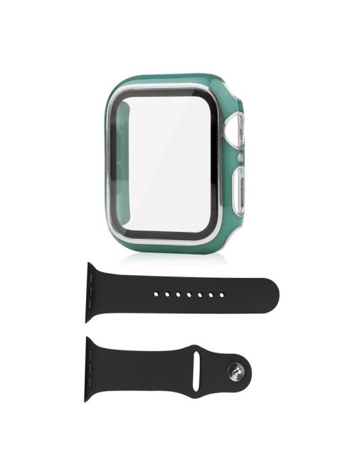 For Apple Watch SE (2022) 44mm / SE 44mm / 6 / 5 / 4 44mm Silicone Watch Band + PC Watch Case with Tempered Glass Screen Protector Electroplating Protective Case Cover - Blackish Green