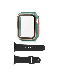   For Apple Watch SE (2022) 44mm / SE 44mm / 6 / 5 / 4 44mm Silicone Watch Band + PC Watch Case with Tempered Glass Screen Protector Electroplating Protective Case Cover - Blackish Green / Gold