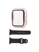 For Apple Watch SE (2022) 44mm / SE 44mm / 6 / 5 / 4 44mm Silicone Watch Band + PC Watch Case with Tempered Glass Screen Protector Electroplating Protective Case Cover - Pink / Silver