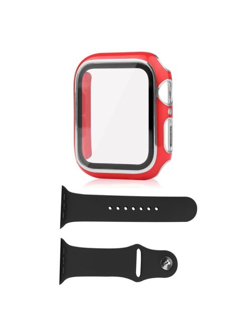 For Apple Watch SE (2022) 44mm / SE 44mm / 6 / 5 / 4 44mm Silicone Watch Band + PC Watch Case with Tempered Glass Screen Protector Electroplating Protective Case Cover - Red / Silver